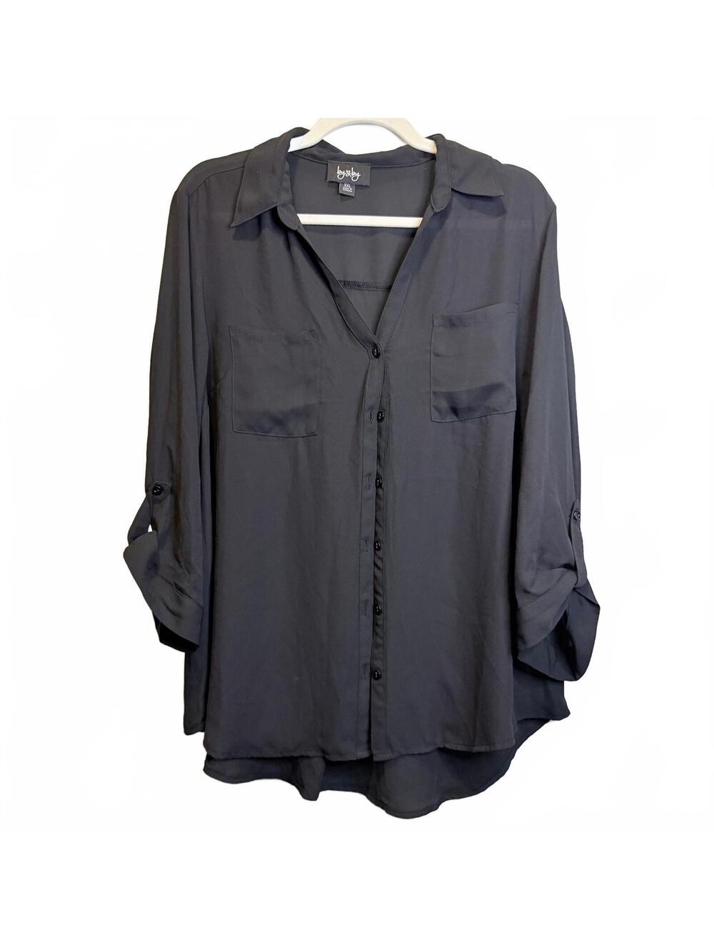 By & By XXL Black Button Down Roll Tab Sleeve Blouse